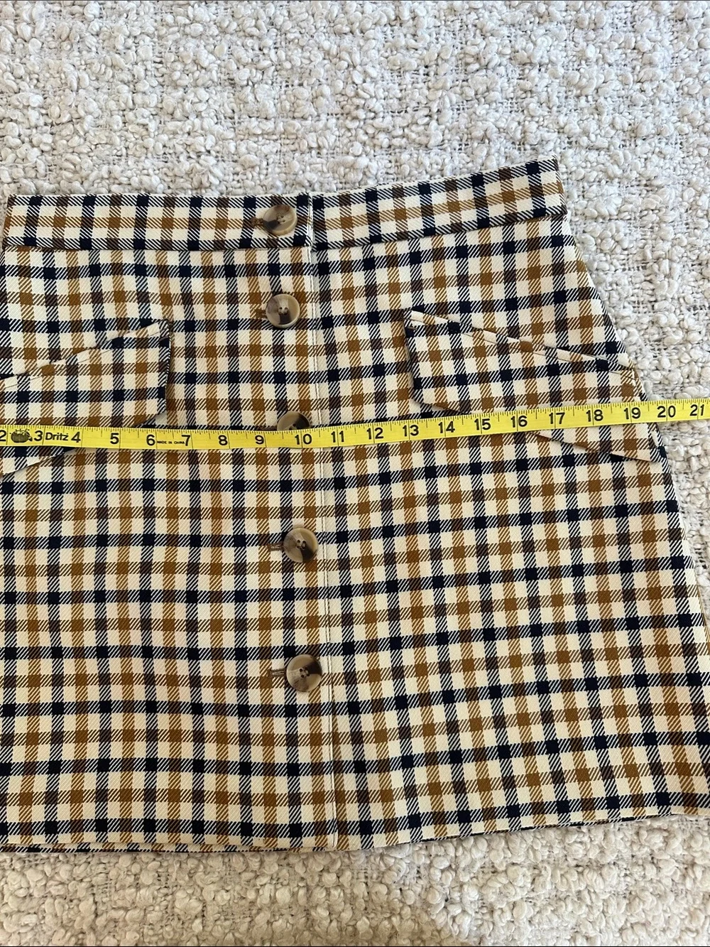 H&M Mod Button-Front Plaid Mini Skirt in Tan, Cream, and Black